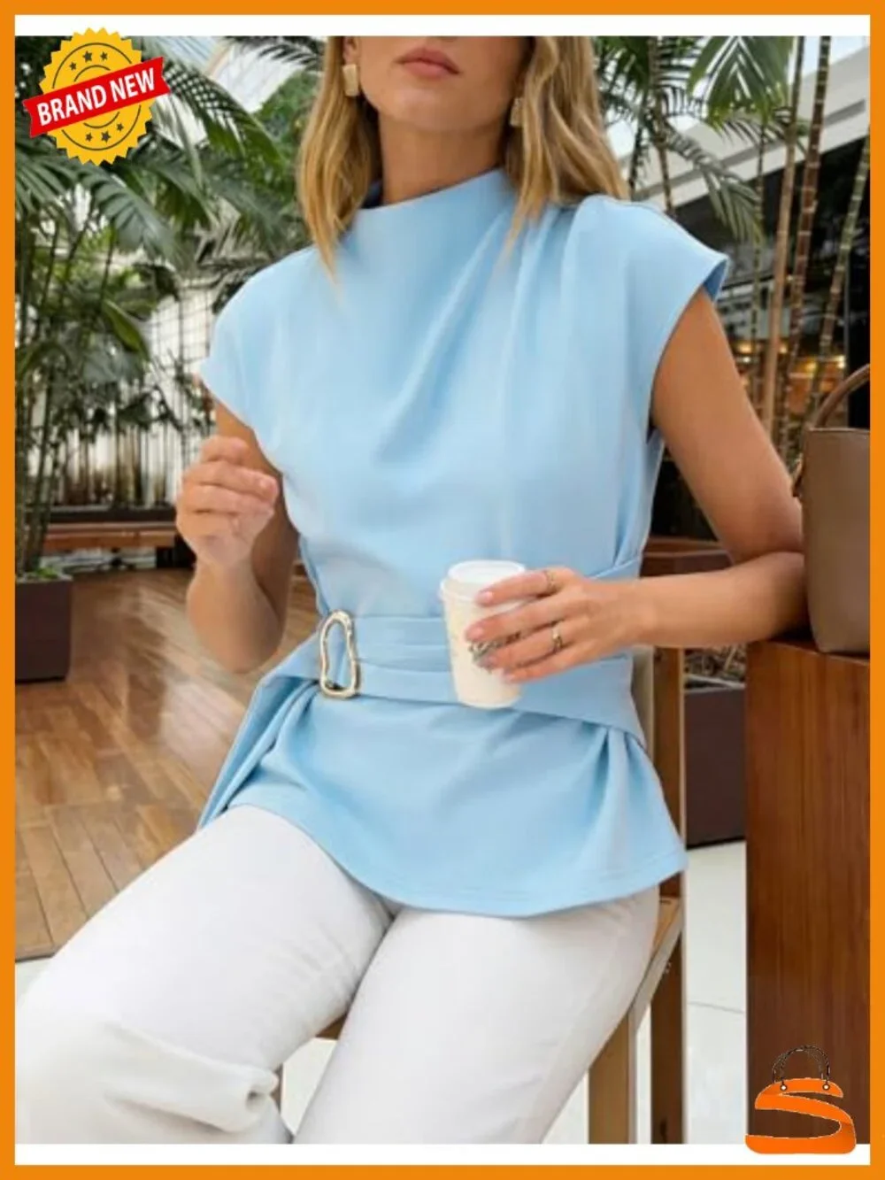 Mock Neck Cap Sleeve Blouse with Belt Back Zip - Picture 6 of 6